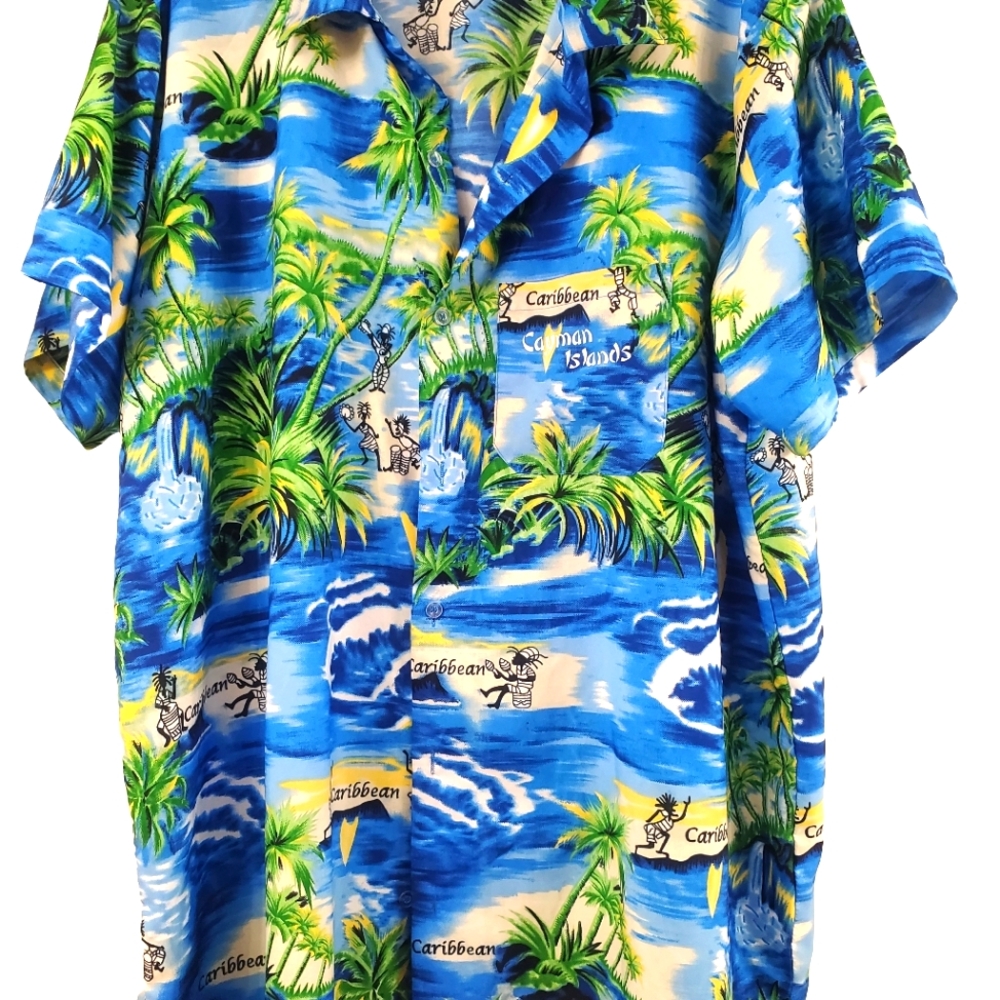 Lotus Caribbean Tropical Blue Hawaiian Shirt Mens XL